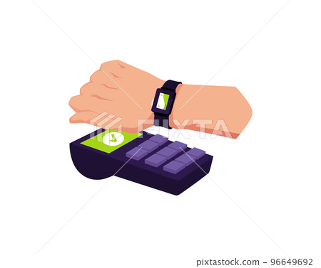 Smartwatch payments with NFC protocol, flat vector illustration isolated. Smartwatch payments with NFC protocol, flat vector illustration isolated. 96649692