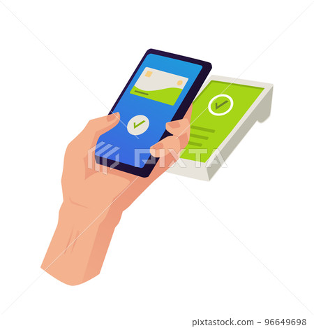Payments using mobile phone apps and NFC, flat vector illustration isolated. Payments using mobile phone apps and NFC, flat vector illustration isolated. 96649698