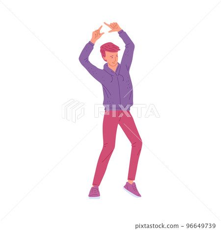 Man dancing with arms up, flat vector illustration isolated on white background. Man dancing with arms up, flat vector illustration isolated on white background. 96649739