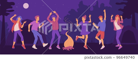 Happy people dancing around bonfire in camping village, flat vector illustration. Happy people dancing around bonfire in camping village, flat vector illustration. 96649740