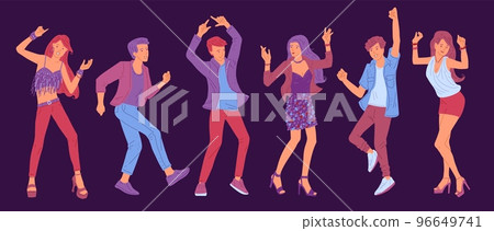 Young men and women dancing near campfire, flat vector illustration isolated. Young men and women dancing near campfire, flat vector illustration isolated. 96649741