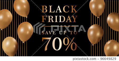 70% off black Friday sale sign with gold balloons and elements. 96649829