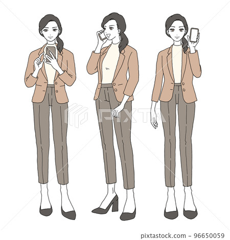 Vector illustration set of a woman in a suit operating a smartphone and talking 96650059