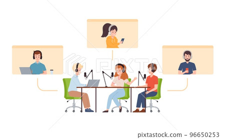 Online audio podcast recording and transmission scene, flat vector isolated. 96650253