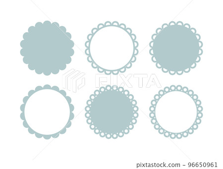 Circle scalloped frame. Scalloped edge round shape. Simple label and sticker form. Flower silhouette lace frame. Repeat cute vintage frill ornament. Vector illustration isolated on white background Circle scalloped frame. Scalloped edge round shape. Simple label and sticker form. Flower silhouette lace frame. Repeat cute vintage frill ornament. Vector illustration isolated on white background 96650961