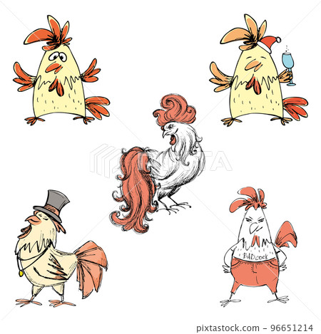 Set of Roosters. Isolated on white background.Hand drawn. 96651214