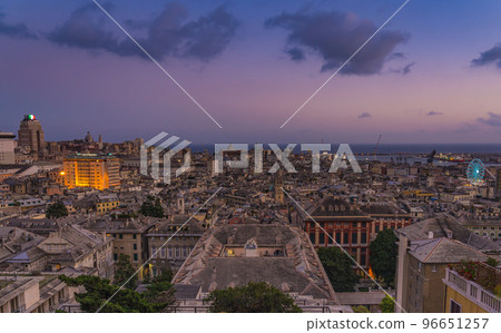 Genoa at sunset from Spianata Castelletto, Italy. 96651257