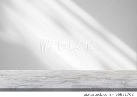 Marble table with window shadow drop on white wall background for mockup product display 96651708
