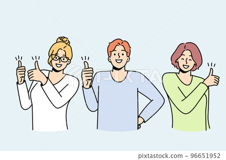 Young man, women show thumbs up, like hand gesture. 96651952