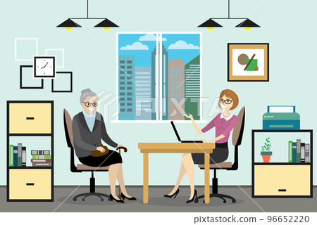 Cartoon business woman and grandmother talking in office, Cartoon business woman and grandmother talking in office, 96652220