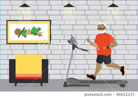 Cartoon african american grandfather running on a treadmill 96652225