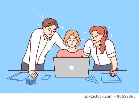 Happy colleagues brainstorm on computer  96652365