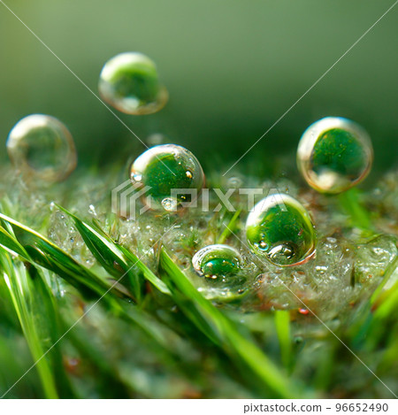 Juicy lush green grass on meadow with drops of water dew in morning light. Juicy lush green grass on meadow with drops of water dew in morning light. 96652490