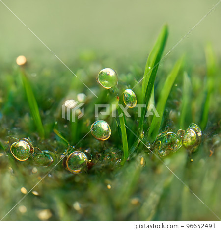 Juicy lush green grass on meadow with drops of water dew in morning light. 96652491
