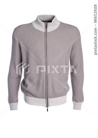 Beige knitted wool sweater with zipper, cuffs and tight collar of light color, isolated on a white background on a transparent mannequin. Front view. 96652689