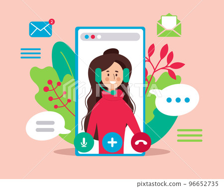 Woman makes a video chat. Video conference from home. Vector illustration. Woman makes a video chat. Video conference from home. Vector illustration. 96652735