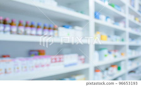 pharmacy drugstore shelves interior blurred abstract background 96653193