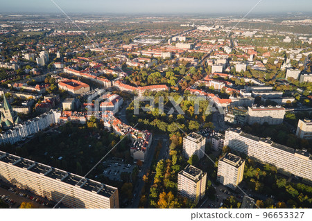 Bird eye view of residential buildings in city. Aerial view of Wroclaw cityscape in Poland. Architecture in modern Europe city Bird eye view of residential buildings in city. Aerial view of Wroclaw cityscape in Poland. Architecture in modern Europe city 96653327