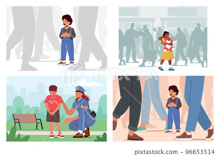 Set Child Get Lost In Public Place, Scared Baby Crying And Searching Mother In Big City. Police Officer Help Boy In Park Set Child Get Lost In Public Place, Scared Baby Crying And Searching Mother In Big City. Police Officer Help Boy In Park 96653514