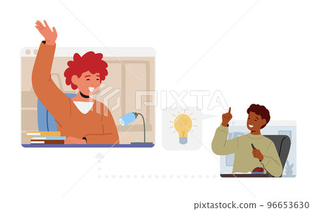 Kids Studying Remotely, Children Learn Classes At Home School, Web E-learning, Knowledge Concept With Schoolboys 96653630
