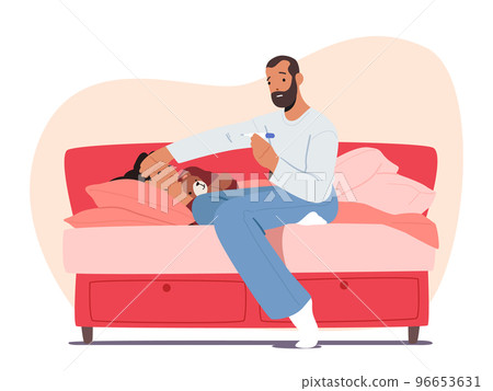 Sick Child Lying In Bed At Home Bedroom, Father Character Sitting Next To Daughter With Cold Fever, Kid Disease, Flu 96653631
