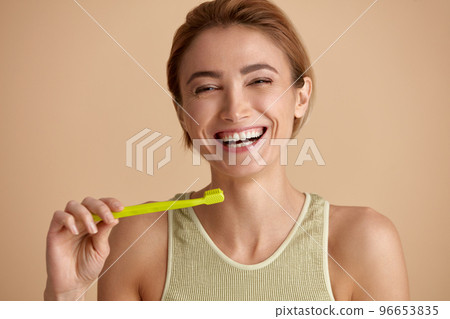 Healthy White Teeth. Portrait Of Happy Smiling Woman With Fresh Perfect Smile 96653835