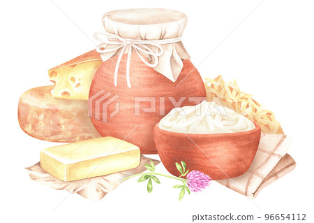 Dairy products. Butter, sour cream, cheese, milk in a jar, checkered towel, blooming clover,. Watercolor illustration. Isolated on a white background. For design of kitchen utensil, rustic prints Dairy products. Butter, sour cream, cheese, milk in a jar, checkered towel, blooming clover,. Watercolor illustration. Isolated on a white background. For design of kitchen utensil, rustic prints 96654112