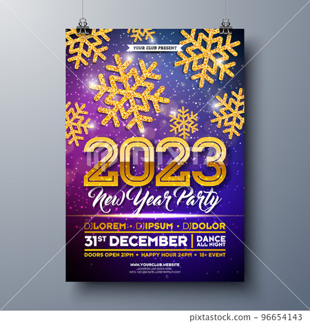2023 New Year Party Celebration Poster Template Illustration with Gold Glittered Snowflake on Shiny Colorful Background. Vector Xmas Holiday Season Premium Party Invitation Flyer Design, Celebration 96654143