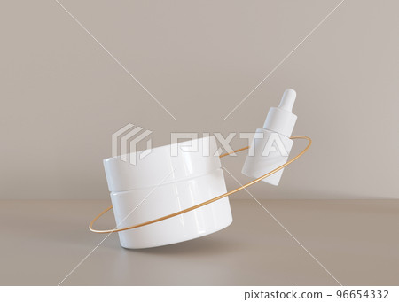 White and blank, unbranded cosmetic cream jar and dropper with flying golden ring on beige background. Skin care product presentation. Modern mock up. Skincare, beauty and spa. Copy space. 3D render. 96654332