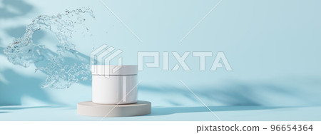 White and blank, unbranded cosmetic cream jar standing on podium, with water splash. Skin care product presentation on blue background. Natural mock up. Banner with copy space. 3D rendering. White and blank, unbranded cosmetic cream jar standing on podium, with water splash. Skin care product presentation on blue background. Natural mock up. Banner with copy space. 3D rendering. 96654364