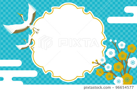 Japanese-style celebration frame material of red and white plums, cranes and checkered patterns _ light blue _ no text Japanese-style celebration frame material of red and white plums, cranes and checkered patterns _ light blue _ no text 96654577