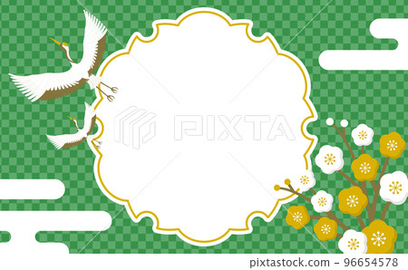Japanese-style celebration frame material of red and white plums, cranes and checkered patterns _ green _ no text Japanese-style celebration frame material of red and white plums, cranes and checkered patterns _ green _ no text 96654578