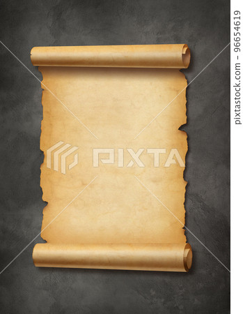 Old mediaeval paper sheet. Parchment scroll on a concrete wall 96654619