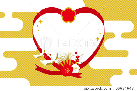 Japanese-style celebration heart frame material of red and white plums, cranes and haze _ gold and red _ no text 96654648