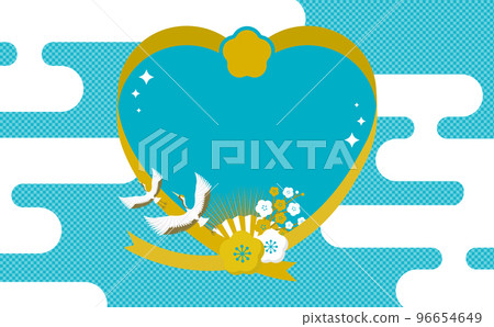 Japanese-style celebration heart frame material of red and white plums, cranes and haze _ light blue _ no text 96654649