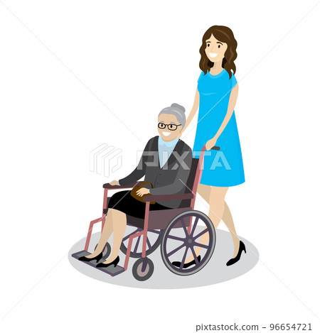Cartoon young beautiful woman rolls grandmother in wheelchair Cartoon young beautiful woman rolls grandmother in wheelchair 96654721
