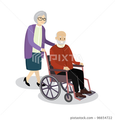 Grandmother rolls wheelchair in which sitting old man 96654722