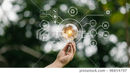 Hand holding anti nature light bulb on green leaf with renewable and sustainable development energy source icon. for renewable, love the world concept .. 96654797