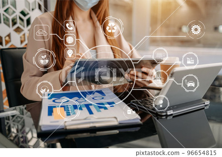 Business working with reduce CO2 concept with icons, global warming such as reforest green factory recycle and zero carbon dioxide emission concept. with VR icon at office.. 96654815