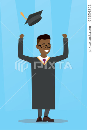Happy african american male graduate throwing up her hat Happy african american male graduate throwing up her hat 96654891
