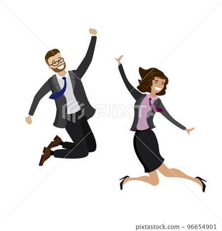 Two happy jumping business people,isolated on white background, Two happy jumping business people,isolated on white background, 96654901