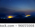 Night view and cold atmosphere with fog over Samoeng District, seen from Mon Chaem viewpoint, Chiang Mai, Thailand. 96655008