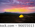 Camping with Yellow tent under the beautiful sky in the morning before the sunrise, Lampang, Thailand. 96655013