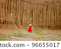 Women and landscape of soil textures eroded sandstone pillars, columns and cliffs, natural erosion of water and wind, Sao Din Na Noi, Hom Chom, Khok Suea at sri nan national park in Nan Province. 96655017