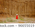 Women and landscape of soil textures eroded sandstone pillars, columns and cliffs, natural erosion of water and wind, Sao Din Na Noi, Hom Chom, Khok Suea at sri nan national park in Nan Province. 96655019