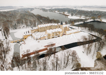 Top view of the Nesvizh Castle in winter in Belarus. Castles of Belarus 96655132
