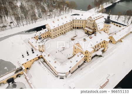 Top view of the Nesvizh Castle in winter in Belarus. Castles of Belarus 96655133