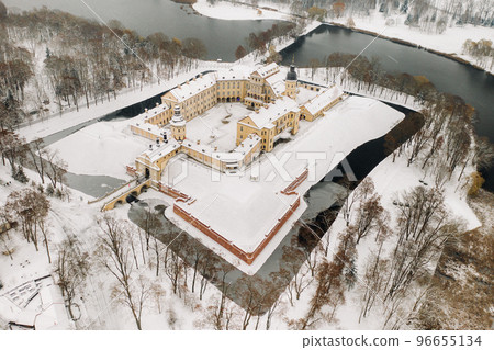 Top view of the Nesvizh Castle in winter in Belarus. Castles of Belarus 96655134