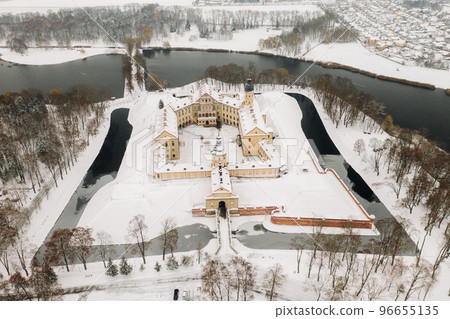 Top view of the Nesvizh Castle in winter in Belarus. Castles of Belarus Top view of the Nesvizh Castle in winter in Belarus. Castles of Belarus 96655135