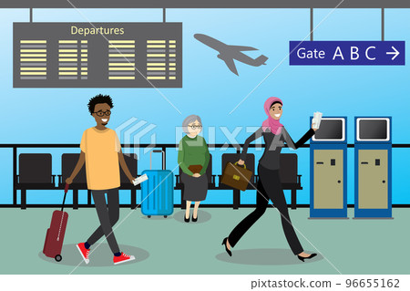 Cartoon People with suitcases and bags at the airport Cartoon People with suitcases and bags at the airport 96655162
